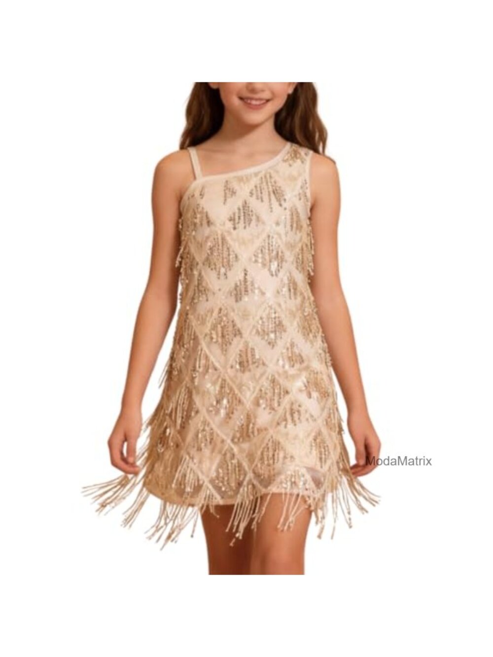 Girls Sequin Fringe Flapper Dress One Shoulder Side Zipper